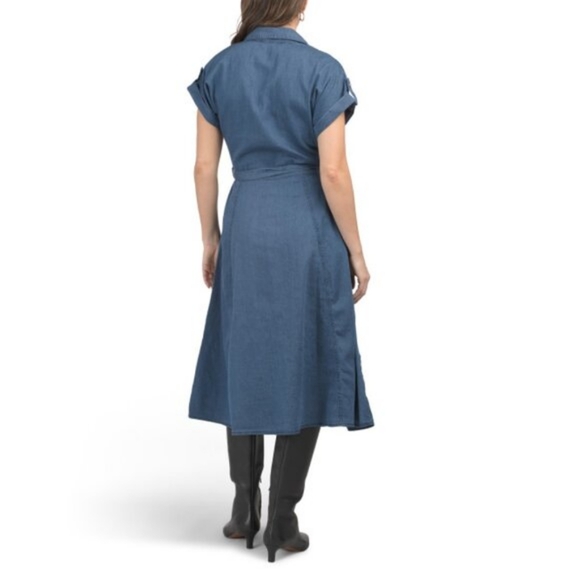 NWT - Ellen Tracy Denim V Neck Button Front Midi Dress w Tie Belt Waist -Size M - Picture 2 of 14